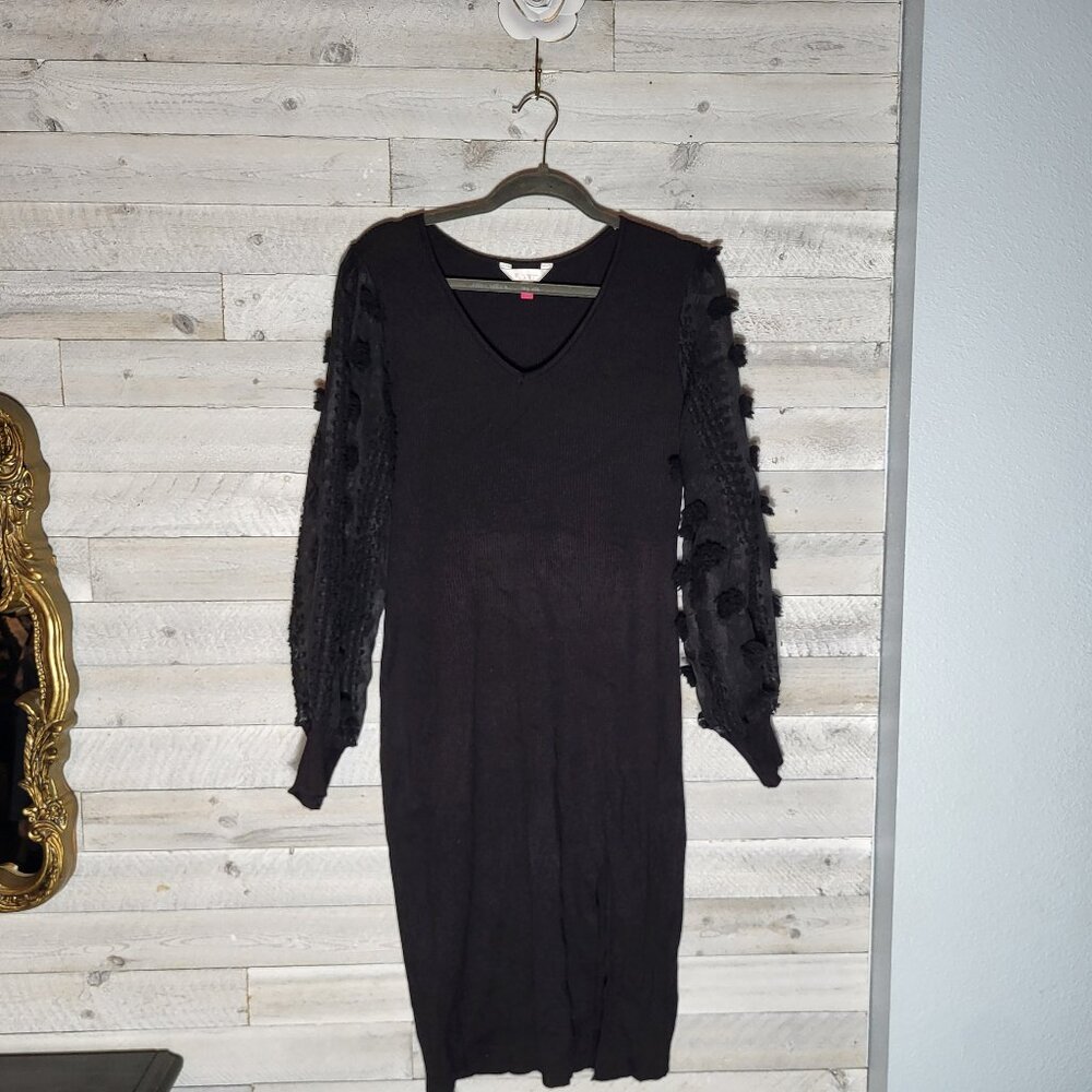 Women's Dress Ribbed Sweater Sheer Pom Sleeves